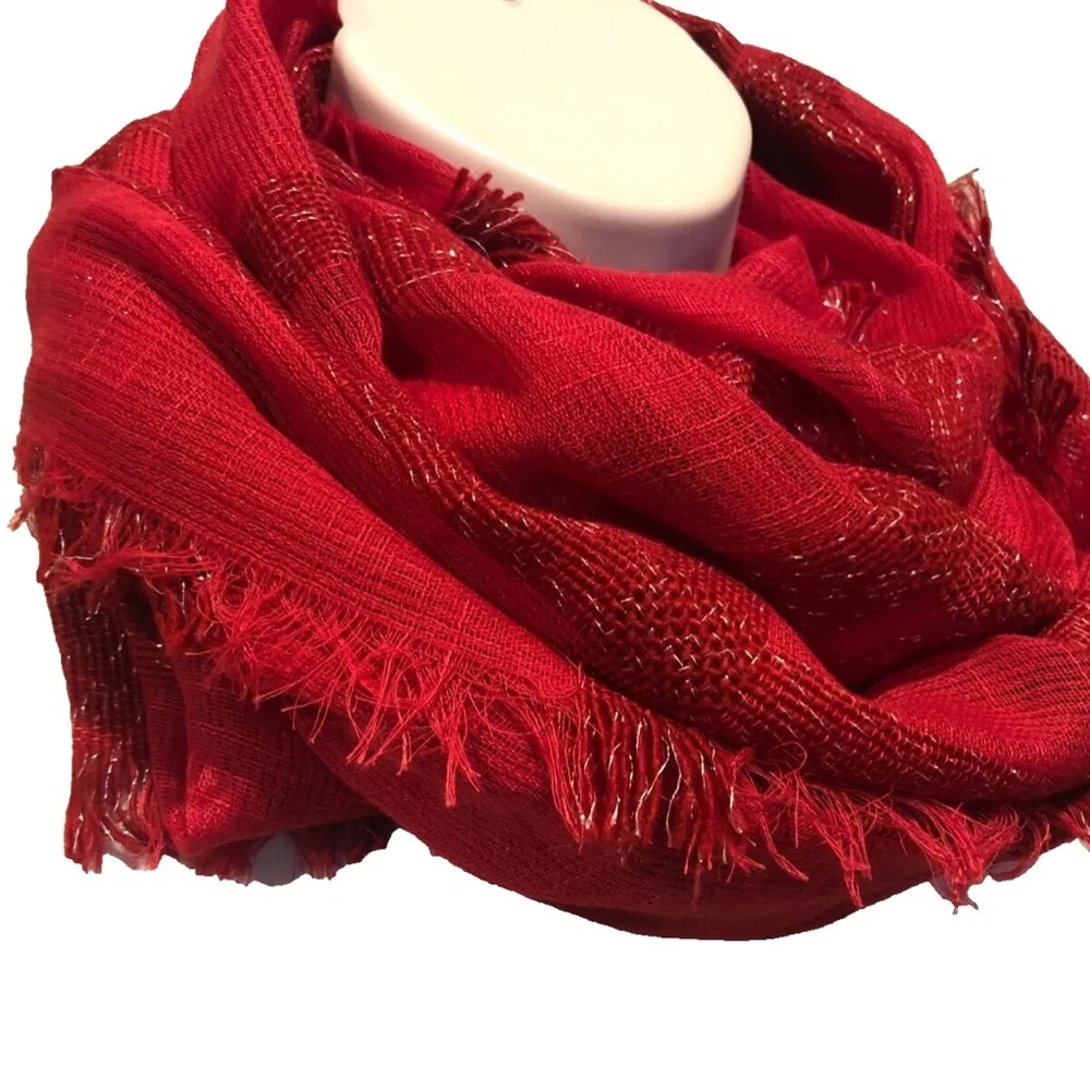 (NWT) Cejon Women's Red Lurex Check Scarf/Wrap ONE SIZE